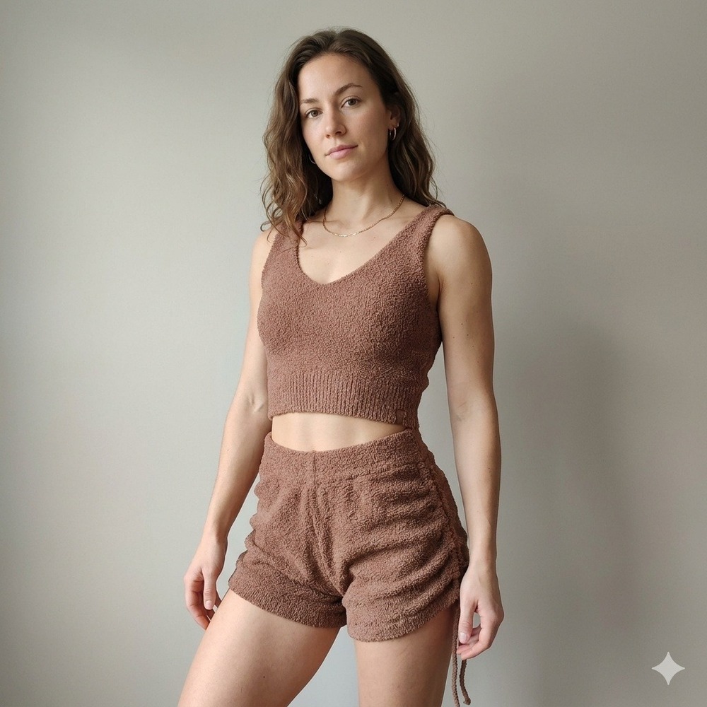 BuffBunny Brown Plush Knit Crop Tank and Lounge Shorts Set